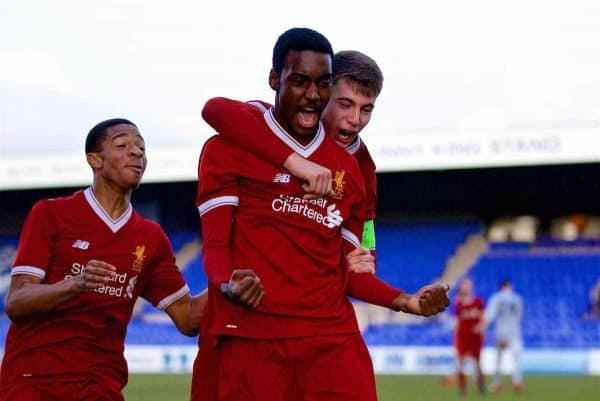 BIRKENHEAD, ENGLAND - Wednesday, February 21, 2018: Liverpool's substitute Rafael Camacho celebrates scoring the second goal during the UEFA Youth League Quarter-Final match between Liverpool FC and Manchester United FC at Prenton Park. (Pic by David Rawcliffe/Propaganda)