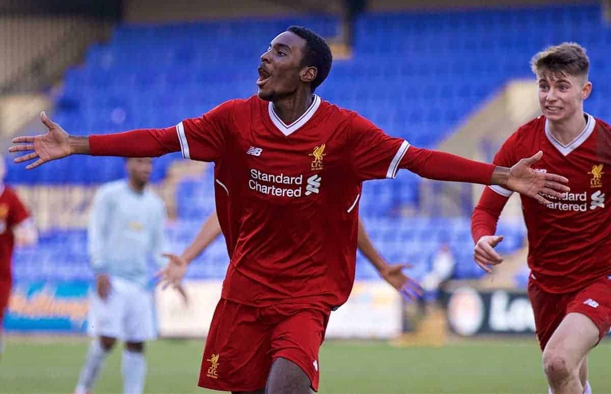 BIRKENHEAD, ENGLAND - Wednesday, February 21, 2018: Liverpool's substitute Rafael Camacho celebrates scoring the second goal during the UEFA Youth League Quarter-Final match between Liverpool FC and Manchester United FC at Prenton Park. (Pic by David Rawcliffe/Propaganda)