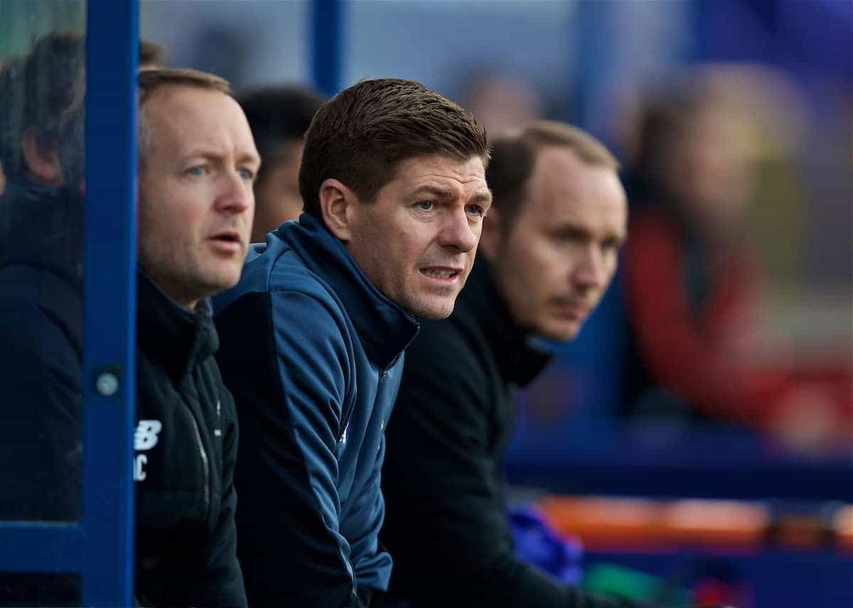 BIRKENHEAD, ENGLAND - Wednesday, February 21, 2018: Liverpool's Under-18 manager Steven Gerrard during the UEFA Youth League Quarter-Final match between Liverpool FC and Manchester United FC at Prenton Park. (Pic by David Rawcliffe/Propaganda)