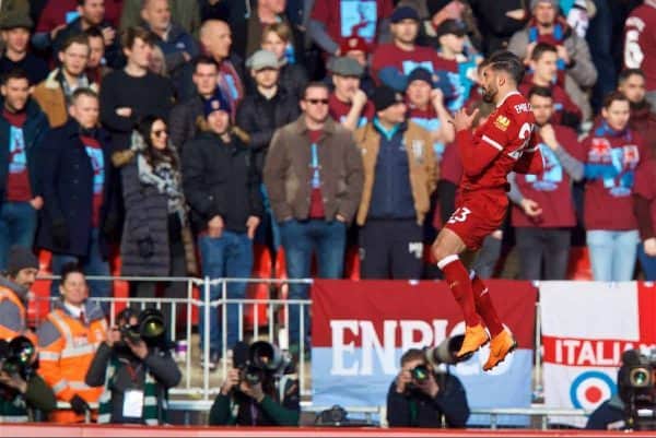 BIRKENHEAD, ENGLAND - Wednesday, February 21, 2018: Liverpool's Emre Can celebrates scoring the first goal during the UEFA Youth League Quarter-Final match between Liverpool FC and Manchester United FC at Prenton Park. (Pic by David Rawcliffe/Propaganda)