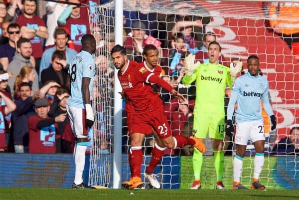 BIRKENHEAD, ENGLAND - Wednesday, February 21, 2018: Liverpool's Emre Can celebrates scoring the first goal during the UEFA Youth League Quarter-Final match between Liverpool FC and Manchester United FC at Prenton Park. (Pic by David Rawcliffe/Propaganda)