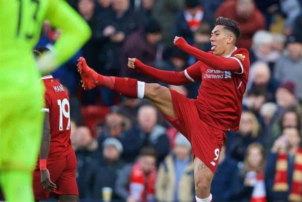 BIRKENHEAD, ENGLAND - Wednesday, February 21, 2018: Liverpool's Roberto Firmino celebrates scoring the third goal during the UEFA Youth League Quarter-Final match between Liverpool FC and Manchester United FC at Prenton Park. (Pic by David Rawcliffe/Propaganda)