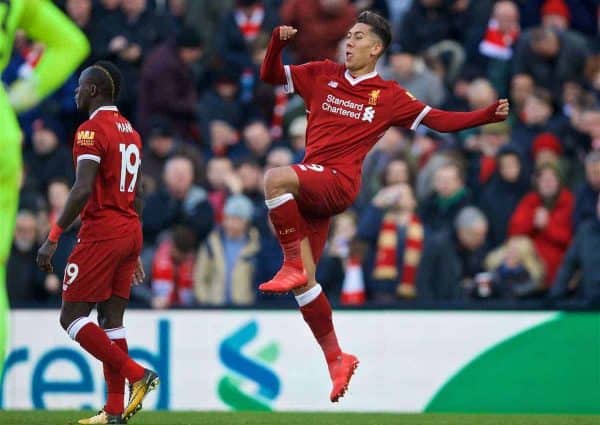 BIRKENHEAD, ENGLAND - Wednesday, February 21, 2018: Liverpool's Roberto Firmino celebrates scoring the third goal during the UEFA Youth League Quarter-Final match between Liverpool FC and Manchester United FC at Prenton Park. (Pic by David Rawcliffe/Propaganda)