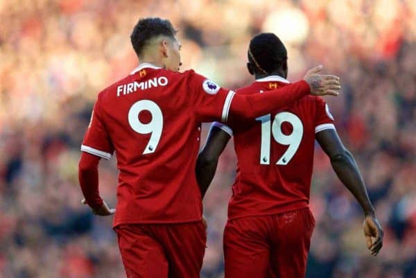 BIRKENHEAD, ENGLAND - Wednesday, February 21, 2018: Liverpool's Sadio Mane celebrates scoring the fourth goal with team-mate Roberto Firminoduring the UEFA Youth League Quarter-Final match between Liverpool FC and Manchester United FC at Prenton Park. (Pic by David Rawcliffe/Propaganda)