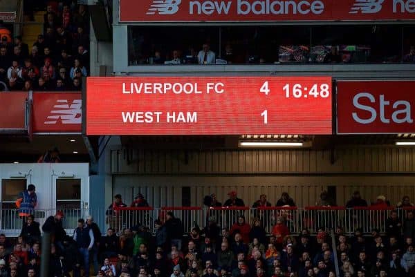 BIRKENHEAD, ENGLAND - Wednesday, February 21, 2018: Liverpool's scoreboard records the 4-1 victory over West Ham United during the UEFA Youth League Quarter-Final match between Liverpool FC and Manchester United FC at Prenton Park. (Pic by David Rawcliffe/Propaganda)