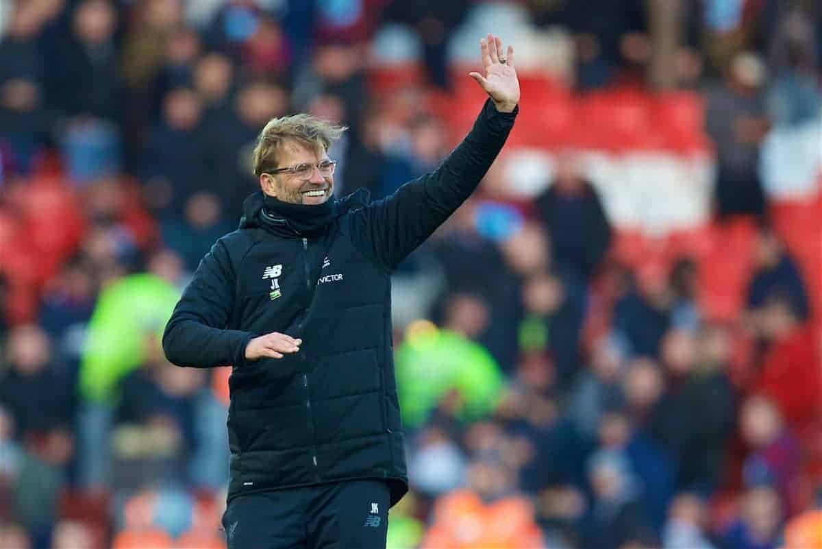 BIRKENHEAD, ENGLAND - Wednesday, February 21, 2018: Liverpool's manager Jürgen Klopp celebrates the 4-1 victory over West Ham United after the UEFA Youth League Quarter-Final match between Liverpool FC and Manchester United FC at Prenton Park. (Pic by David Rawcliffe/Propaganda)