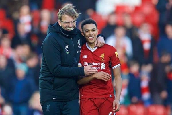 BIRKENHEAD, ENGLAND - Wednesday, February 21, 2018: Liverpool's manager J¸rgen Klopp celebrates the 4-1 victory over West Ham United with Trent Alexander-Arnold after the UEFA Youth League Quarter-Final match between Liverpool FC and Manchester United FC at Prenton Park. (Pic by David Rawcliffe/Propaganda)