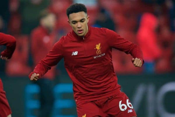 LIVERPOOL, ENGLAND - Saturday, March 3, 2018: Liverpool's Trent Alexander-Arnold during the pre-match warm-up before the FA Premier League match between Liverpool FC and Newcastle United FC at Anfield. (Pic by Peter Powell/Propaganda)