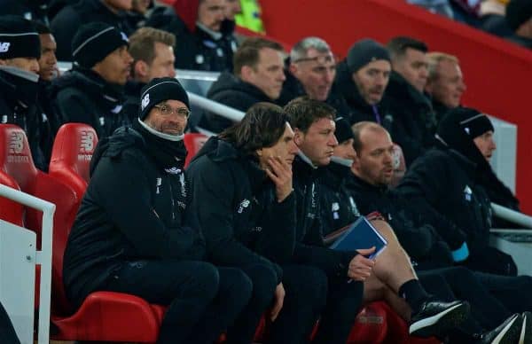 LIVERPOOL, ENGLAND - Saturday, March 3, 2018: Liverpool's manager Jürgen Klopp sits on the bench during the FA Premier League match between Liverpool FC and Newcastle United FC at Anfield. (Pic by Peter Powell/Propaganda)