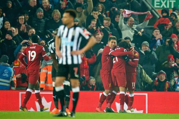 LIVERPOOL, ENGLAND - Saturday, March 3, 2018: Liverpool's Mohamed Salah celebrates scoring the first goal with team-mates during the FA Premier League match between Liverpool FC and Newcastle United FC at Anfield. (Pic by Peter Powell/Propaganda)