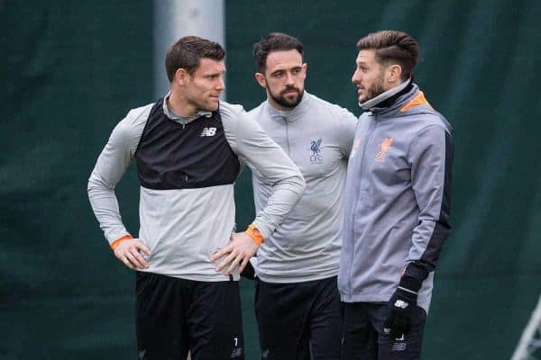 LIVERPOOL, ENGLAND - Monday, March 5, 2018: Liverpool's James Milner, Danny Ings and Adam Lallana during a training session at Melwoood ahead of the UEFA Champions League Round of 16 2nd leg match between Liverpool FC and FC Porto. (Pic by Paul Greenwood/Propaganda)