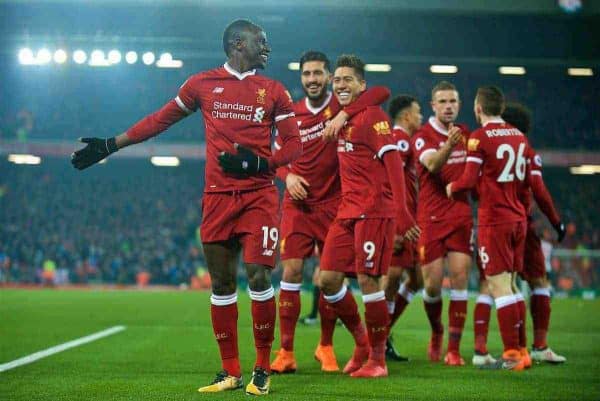 LIVERPOOL, ENGLAND - Saturday, March 3, 2018: Liverpool's Sadio Mane celebrates scoring the second goal with team-mates during the FA Premier League match between Liverpool FC and Newcastle United FC at Anfield. (Pic by Peter Powell/Propaganda)