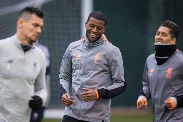 LIVERPOOL, ENGLAND - Monday, March 5, 2018: Liverpool's Georginio Wijnaldum and Roberto Firmino during a training session at Melwoood ahead of the UEFA Champions League Round of 16 2nd leg match between Liverpool FC and FC Porto. (Pic by Paul Greenwood/Propaganda)