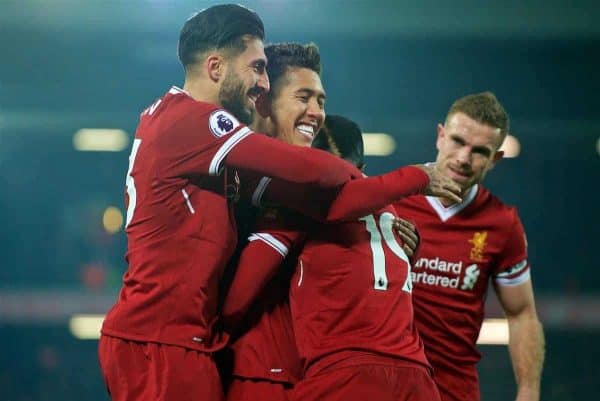 LIVERPOOL, ENGLAND - Saturday, March 3, 2018: Liverpool's Sadio Mane celebrates scoring the second goal with team-mates Emre Can and Roberto Firmino during the FA Premier League match between Liverpool FC and Newcastle United FC at Anfield. (Pic by Peter Powell/Propaganda)