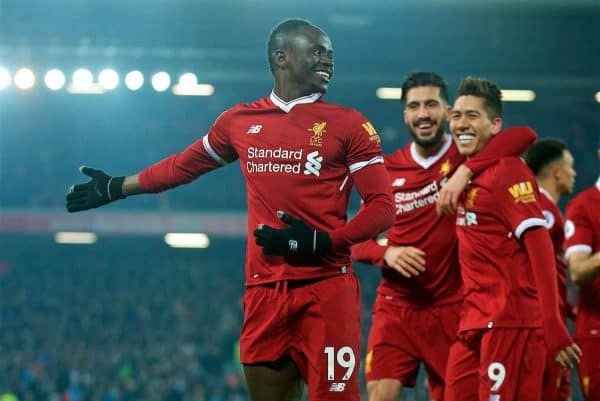 LIVERPOOL, ENGLAND - Saturday, March 3, 2018: Liverpool's Sadio Mane celebrates scoring the second goal during the FA Premier League match between Liverpool FC and Newcastle United FC at Anfield. (Pic by Peter Powell/Propaganda)