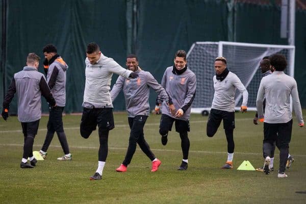 LIVERPOOL, ENGLAND - Monday, March 5, 2018: Liverpool's Dejan Lovren, Georginio Wijnaldum, Roberto Firmino, Nathaniel Clyne during a training session at Melwoood ahead of the UEFA Champions League Round of 16 2nd leg match between Liverpool FC and FC Porto. (Pic by Paul Greenwood/Propaganda)