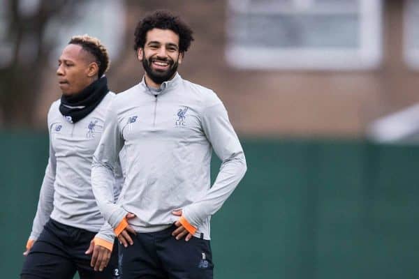 LIVERPOOL, ENGLAND - Monday, March 5, 2018: Liverpool's Nathaniel Clyne and Mohamed Salah during a training session at Melwoood ahead of the UEFA Champions League Round of 16 2nd leg match between Liverpool FC and FC Porto. (Pic by Paul Greenwood/Propaganda)