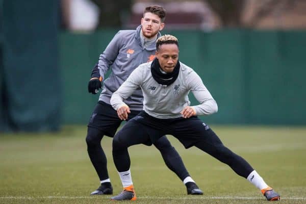 LIVERPOOL, ENGLAND - Monday, March 5, 2018: Liverpool's Alberto Moreno and Nathaniel Clyne during a training session at Melwoood ahead of the UEFA Champions League Round of 16 2nd leg match between Liverpool FC and FC Porto. (Pic by Paul Greenwood/Propaganda)