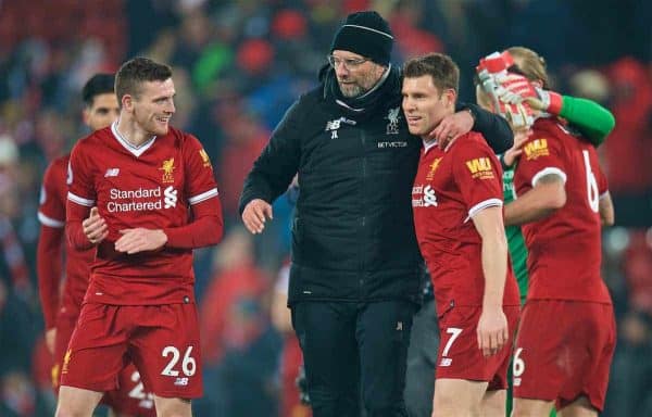 LIVERPOOL, ENGLAND - Saturday, March 3, 2018: Liverpool's manager Jürgen Klopp hugs James Milner and Andy Robertson during the FA Premier League match between Liverpool FC and Newcastle United FC at Anfield. (Pic by Peter Powell/Propaganda)