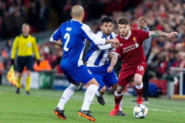 LIVERPOOL, ENGLAND - Monday, March 5, 2018: Liverpool's Alberto Moreno and FC Porto’s Jesús Manuel Corona during the UEFA Champions League Round of 16 2nd leg match between Liverpool FC and FC Porto at Anfield. (Pic by Paul Greenwood/Propaganda)