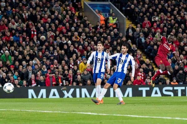 LIVERPOOL, ENGLAND - Monday, March 5, 2018: Liverpool's Sadio Mané strikes the post with his shot at goal during the UEFA Champions League Round of 16 2nd leg match between Liverpool FC and FC Porto at Anfield. (Pic by Paul Greenwood/Propaganda)