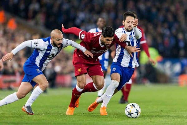 LIVERPOOL, ENGLAND - Monday, March 5, 2018: Liverpool's Emre Can battles with FC Portoís AndrÈ AndrÈ and Bruno Costa during the UEFA Champions League Round of 16 2nd leg match between Liverpool FC and FC Porto at Anfield. (Pic by Paul Greenwood/Propaganda)