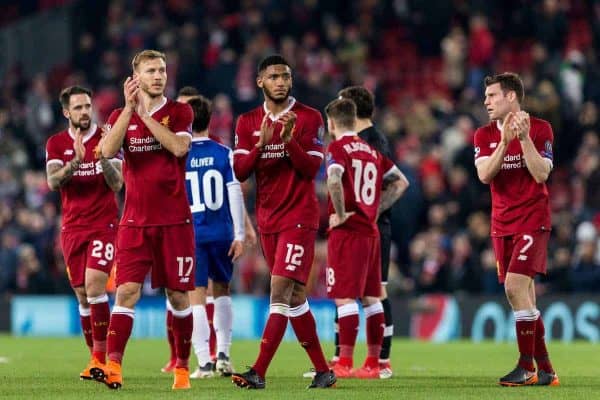 LIVERPOOL, ENGLAND - Monday, March 5, 2018: Liverpool's Danny Ings, Ragnar Klavan, Joe Gomez and James Milner applaud supporters following the UEFA Champions League Round of 16 2nd leg match between Liverpool FC and FC Porto at Anfield. (Pic by Paul Greenwood/Propaganda)