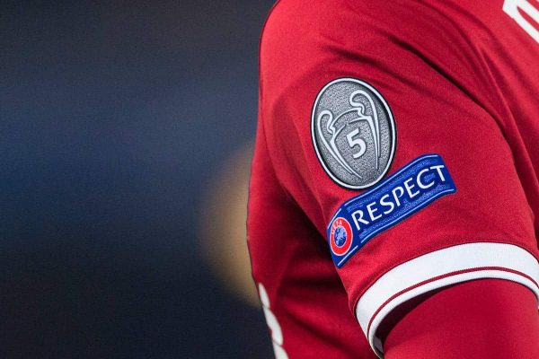 LIVERPOOL, ENGLAND - Monday, March 5, 2018: A detail shot of a badge showing the profile of the champions League trophy enclosing the number 5 and the UEFA Respect badge on the Liverpool home shirt during the UEFA Champions League Round of 16 2nd leg match between Liverpool FC and FC Porto at Anfield. (Pic by Paul Greenwood/Propaganda)