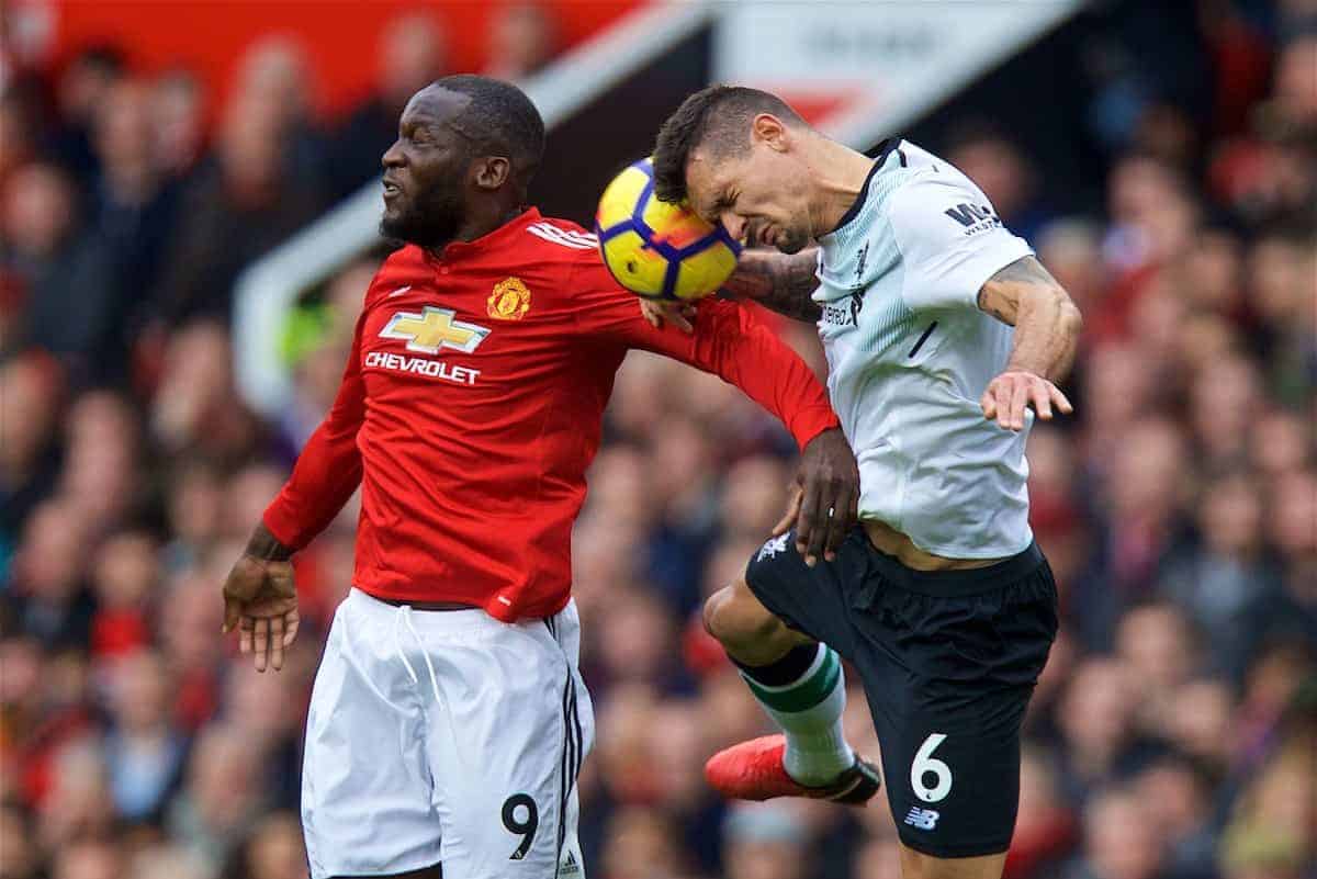 MANCHESTER, ENGLAND - Saturday, March 10, 2018: Manchester United's Romelu Lukaku and Liverpool's Dejan Lovren during the FA Premier League match between Manchester United FC and Liverpool FC at Old Trafford. (Pic by David Rawcliffe/Propaganda)