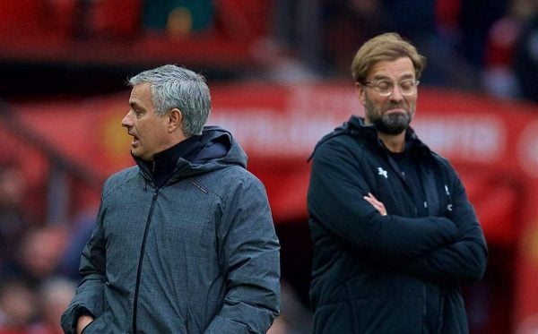 MANCHESTER, ENGLAND - Saturday, March 10, 2018: Liverpool's manager J¸rgen Klopp seems unimpressed with the words of Manchester United's manager Jose Mourinho during the FA Premier League match between Manchester United FC and Liverpool FC at Old Trafford. (Pic by David Rawcliffe/Propaganda)