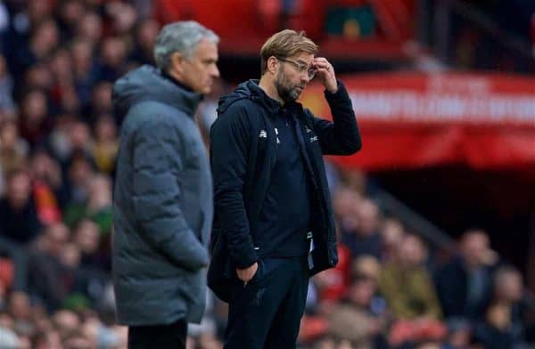 MANCHESTER, ENGLAND - Saturday, March 10, 2018: Liverpool's manager Jürgen Klopp reacts during the FA Premier League match between Manchester United FC and Liverpool FC at Old Trafford. (Pic by David Rawcliffe/Propaganda)