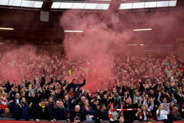 MANCHESTER, ENGLAND - Saturday, March 10, 2018: Liverpool supporter sing despite losing 2-1 to Manchester United during the FA Premier League match between Manchester United FC and Liverpool FC at Old Trafford. (Pic by David Rawcliffe/Propaganda)