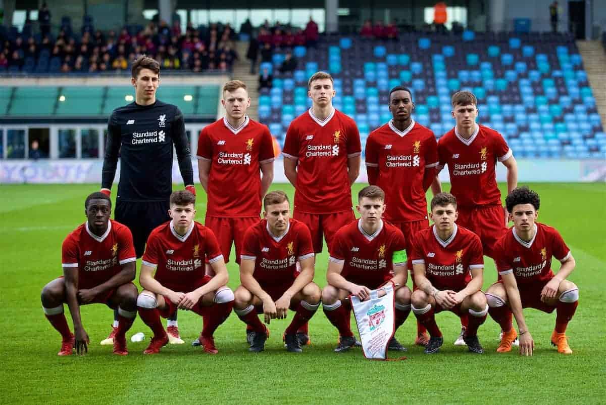 MANCHESTER, ENGLAND - Wednesday, March 14, 2018: Liverpool players line-up for a team group photograph before the UEFA Youth League Quarter-Final match between Manchester City and Liverpool FC at the City Academy Stadium. Back row L-R: goalkeeper Kamil Grabara, George Johnston, Conor Masterson, Rafael Camacho, Liam Millar. Front row L-R: Bobby Adekanye, Neco Williams, Herbie Kane, captain Ben Woodburn, Adam Lewis, Curtis Jones. (Pic by David Rawcliffe/Propaganda)