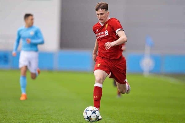 MANCHESTER, ENGLAND - Wednesday, March 14, 2018: Liverpool's Liam Millar during the UEFA Youth League Quarter-Final match between Manchester City and Liverpool FC at the City Academy Stadium. (Pic by David Rawcliffe/Propaganda)