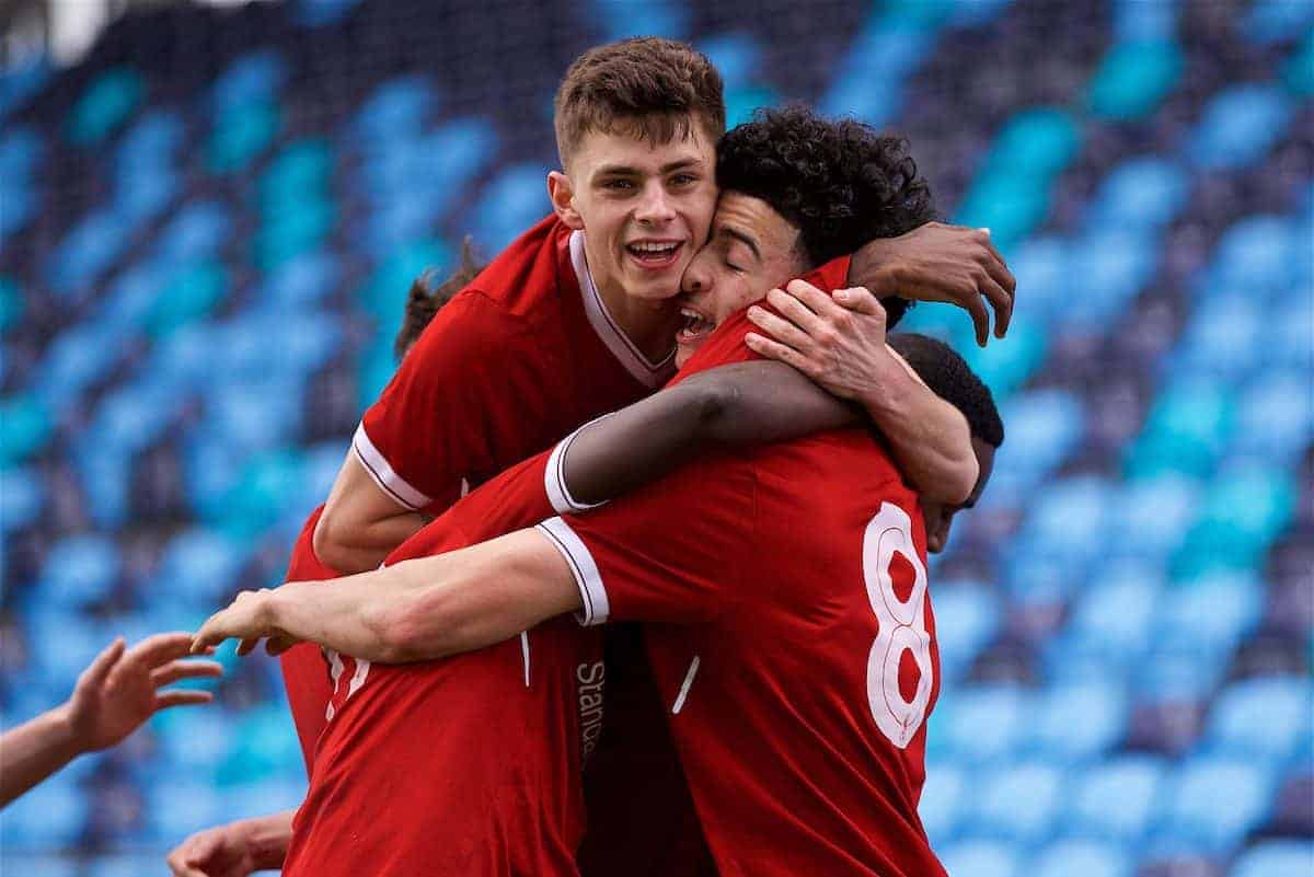 MANCHESTER, ENGLAND - Wednesday, March 14, 2018: Liverpool's Curtis Jones celebrates scoring the first goal with team-mate Adam Lewis during the UEFA Youth League Quarter-Final match between Manchester City and Liverpool FC at the City Academy Stadium. (Pic by David Rawcliffe/Propaganda)