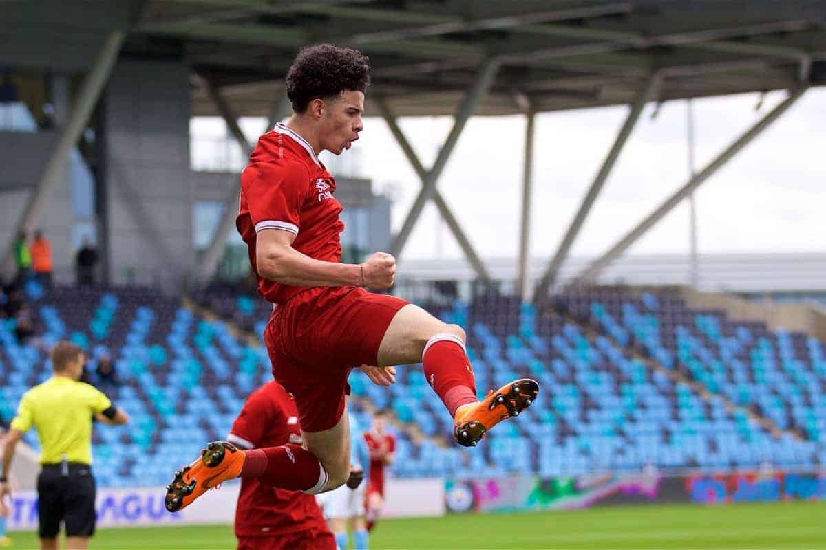 MANCHESTER, ENGLAND - Wednesday, March 14, 2018: Liverpool's Curtis Jones celebrates scoring the first goal during the UEFA Youth League Quarter-Final match between Manchester City and Liverpool FC at the City Academy Stadium. (Pic by David Rawcliffe/Propaganda)