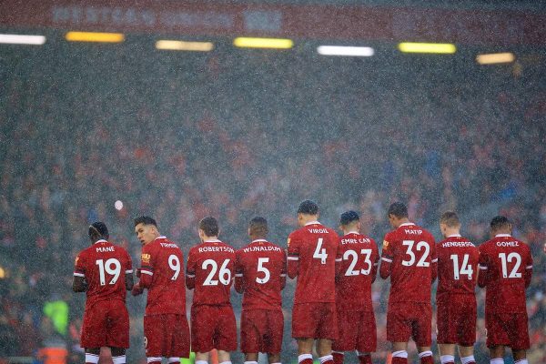 LIVERPOOL, ENGLAND - Saturday, March 17, 2018: Liverpool's players before the FA Premier League match between Liverpool FC and Watford FC at Anfield. (Pic by David Rawcliffe/Propaganda)