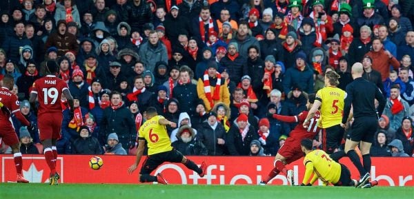 LIVERPOOL, ENGLAND - Saturday, March 17, 2018: Liverpool's Mohamed Salah scores the first goal during the FA Premier League match between Liverpool FC and Watford FC at Anfield. (Pic by David Rawcliffe/Propaganda)