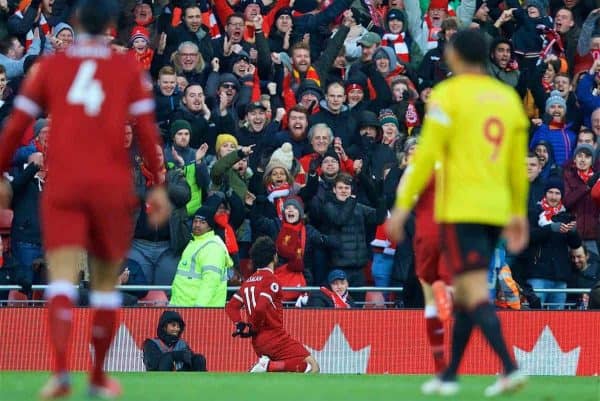 LIVERPOOL, ENGLAND - Saturday, March 17, 2018: Liverpool's Mohamed Salah celebrates scoring the first goal during the FA Premier League match between Liverpool FC and Watford FC at Anfield. (Pic by David Rawcliffe/Propaganda)