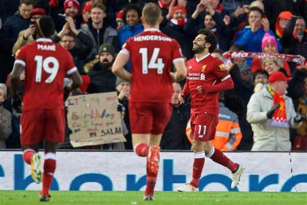 LIVERPOOL, ENGLAND - Saturday, March 17, 2018: Liverpool's Mohamed Salah celebrates scoring the second goal during the FA Premier League match between Liverpool FC and Watford FC at Anfield. (Pic by David Rawcliffe/Propaganda)