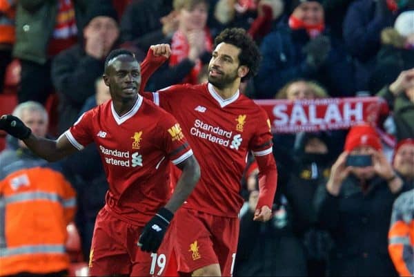 LIVERPOOL, ENGLAND - Saturday, March 17, 2018: Liverpool's Mohamed Salah celebrates scoring the second goal with team-mate Sadio Mane during the FA Premier League match between Liverpool FC and Watford FC at Anfield. (Pic by David Rawcliffe/Propaganda)