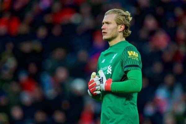 LIVERPOOL, ENGLAND - Saturday, March 17, 2018: Liverpool's goalkeeper Loris Karius during the FA Premier League match between Liverpool FC and Watford FC at Anfield. (Pic by David Rawcliffe/Propaganda)