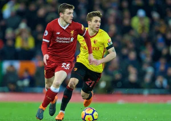 LIVERPOOL, ENGLAND - Saturday, March 17, 2018: Liverpool's Andy Robertson during the FA Premier League match between Liverpool FC and Watford FC at Anfield. (Pic by David Rawcliffe/Propaganda)