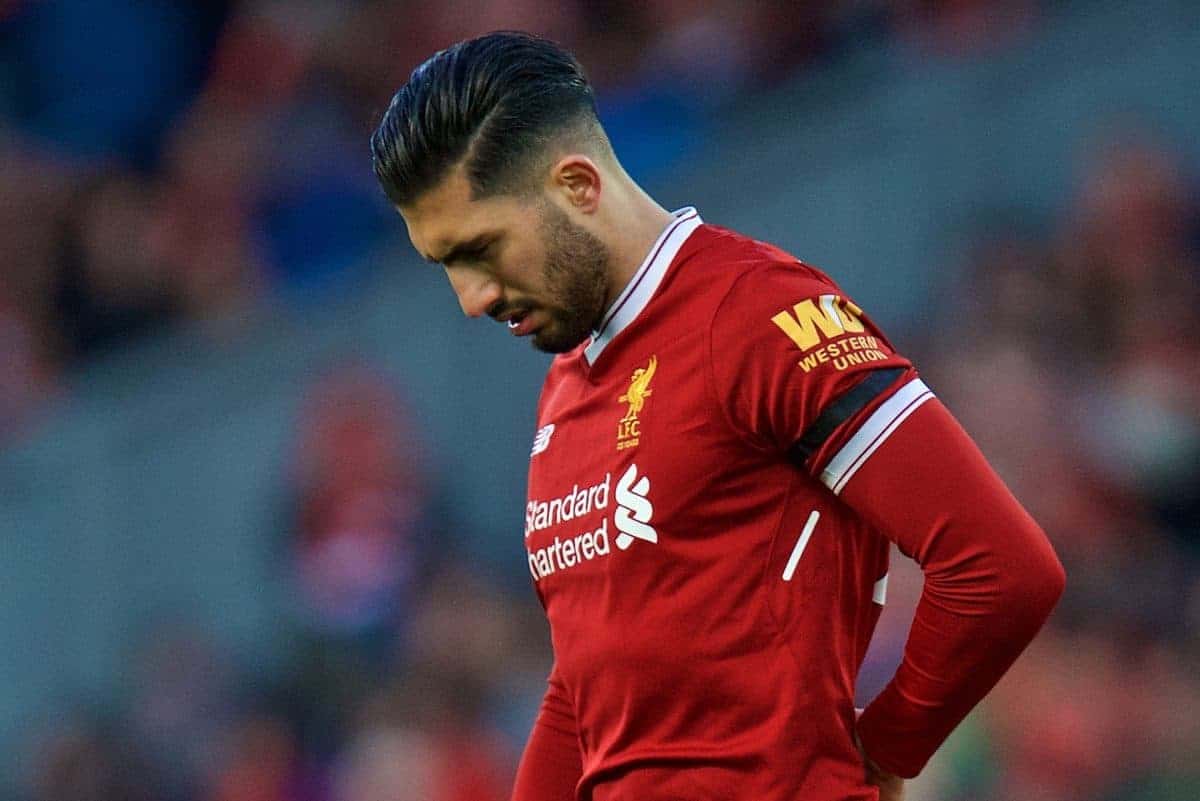 LIVERPOOL, ENGLAND - Saturday, March 17, 2018: Liverpool's Emre Can goes off injured during the FA Premier League match between Liverpool FC and Watford FC at Anfield. (Pic by David Rawcliffe/Propaganda)