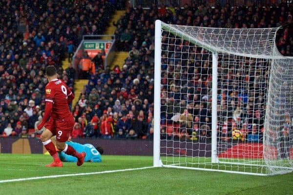 LIVERPOOL, ENGLAND - Saturday, March 17, 2018: Liverpool's Roberto Firmino scores the third goal during the FA Premier League match between Liverpool FC and Watford FC at Anfield. (Pic by David Rawcliffe/Propaganda)