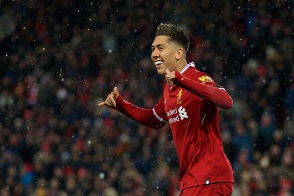 LIVERPOOL, ENGLAND - Saturday, March 17, 2018: Liverpool's Roberto Firmino celebrates scoring the third goal during the FA Premier League match between Liverpool FC and Watford FC at Anfield. (Pic by David Rawcliffe/Propaganda)