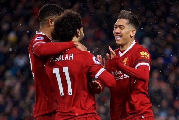 LIVERPOOL, ENGLAND - Saturday, March 17, 2018: Liverpool's Roberto Firmino celebrates scoring the third goal during the FA Premier League match between Liverpool FC and Watford FC at Anfield. (Pic by David Rawcliffe/Propaganda)