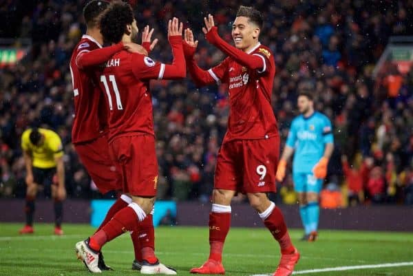 LIVERPOOL, ENGLAND - Saturday, March 17, 2018: Liverpool's Roberto Firmino celebrates scoring the third goal during the FA Premier League match between Liverpool FC and Watford FC at Anfield. (Pic by David Rawcliffe/Propaganda)