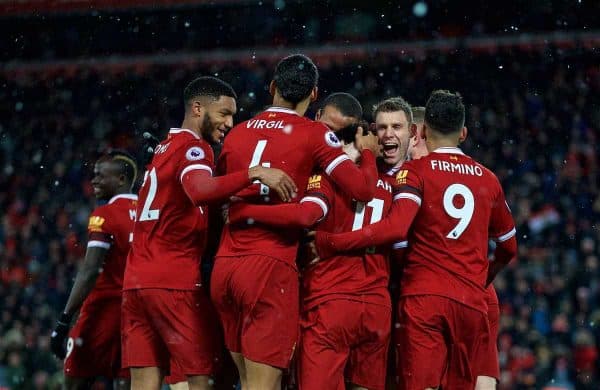 LIVERPOOL, ENGLAND - Saturday, March 17, 2018: Liverpool's Mohamed Salah celebrates scoring the fourth goal, his hat-trick, during the FA Premier League match between Liverpool FC and Watford FC at Anfield. (Pic by David Rawcliffe/Propaganda)