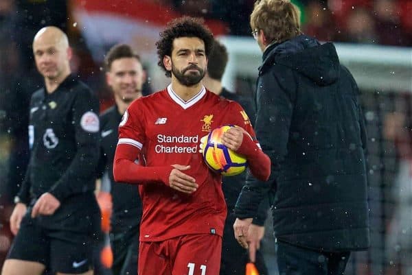 LIVERPOOL, ENGLAND - Saturday, March 17, 2018: Liverpool's four-goal hero, with his hat-trick match-ball after beating Watford 5-0 during the FA Premier League match between Liverpool FC and Watford FC at Anfield. (Pic by David Rawcliffe/Propaganda)